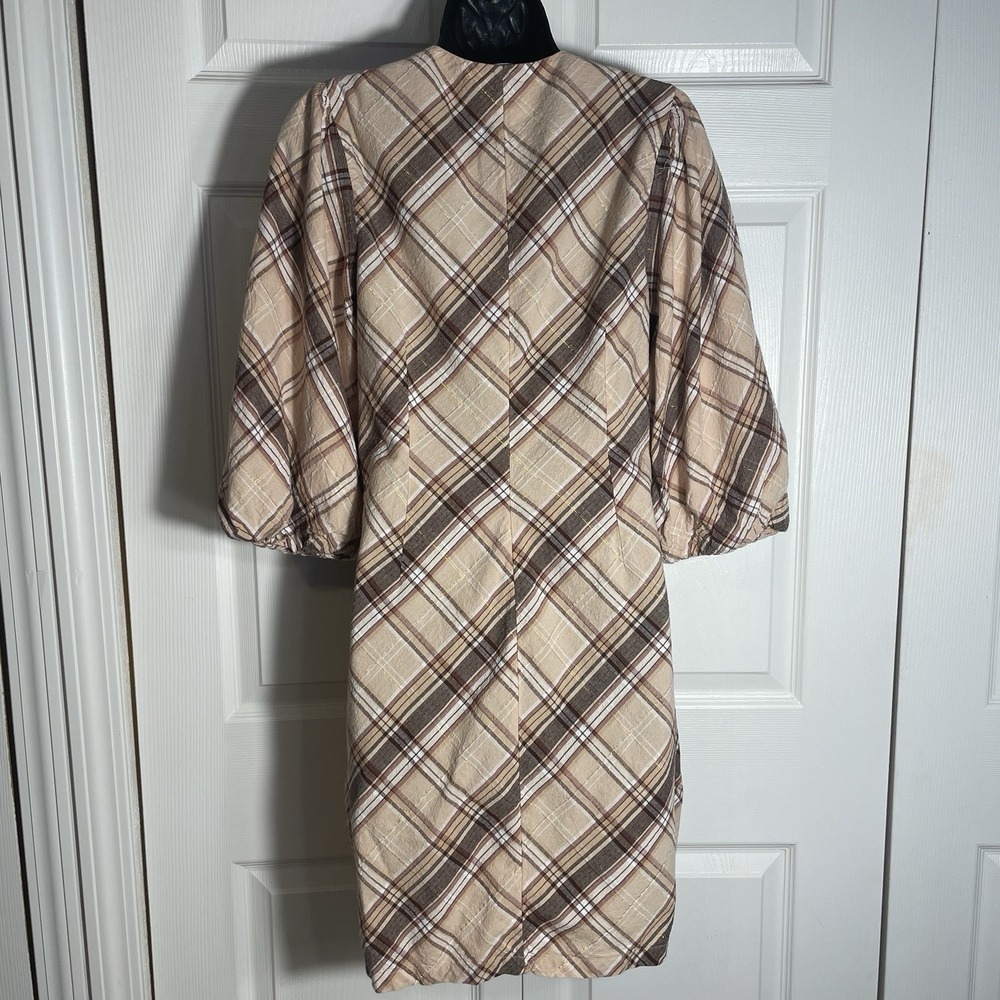 Inc International Concepts Dress Women 10 Brown Plaid Linen Blend Faux Wrap Boho - Picture 4 of 14